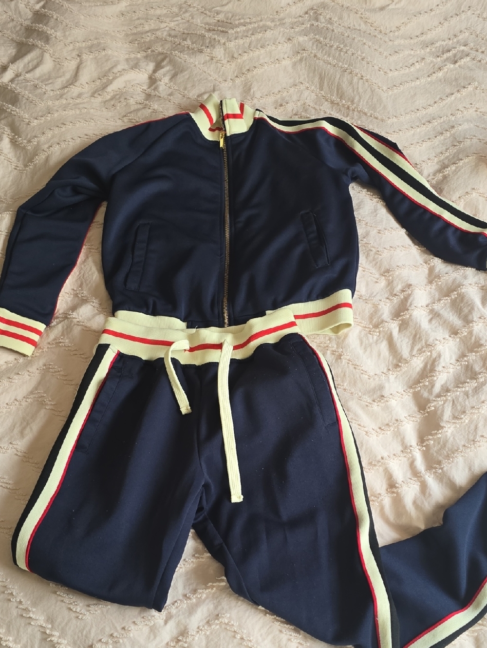 Navy Track Jacket and Joggers Set with Cream & Red Stripe